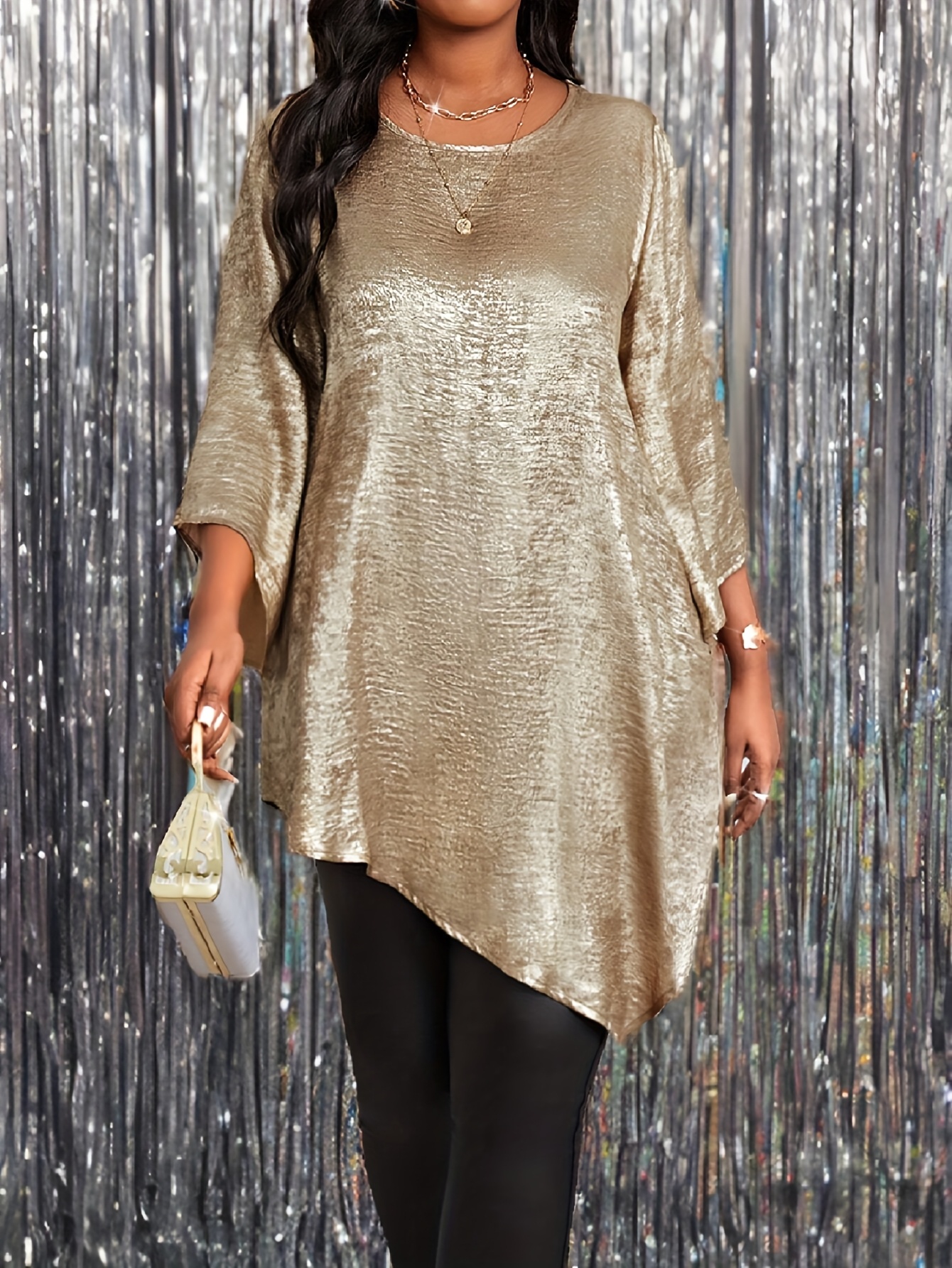 Plus Size Metallic Golden Elegant Asymmetrical Hem Blouse with  Three-Quarter Flared Sleeves Loose Fit Round Neck Shirt for Women,  Valentine's Day