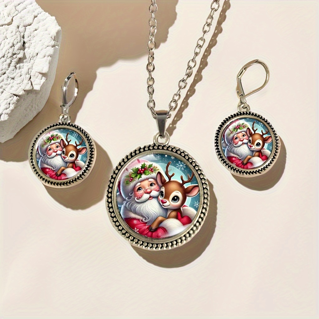 TEMU 3pcs Festive Santa & Reindeer Jewelry Set - Retro Glass Alloy Pendants For Men, Perfect For Christmas Celebrations