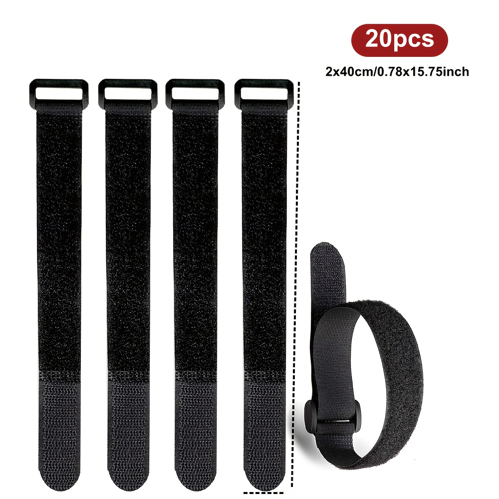 Image of 20pcs /250/300/400mm Black -backed Adhesive Hook & Loop Straps - Small & Portable, Durable Strong Fastening Ties For Securing Cables, Wires, Cords - Organizing Straps For Home Office Gym