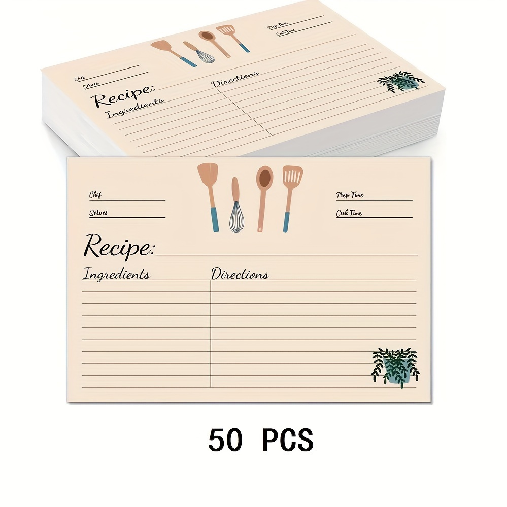 

50 Lot de cartes de recettes 4x6 - , mate, cartonné anti-tache - Cartes de notes de recettes vierges pour mariage, douche de fiançailles, cadeau de maison - Langue anglaise, design thème cuisine