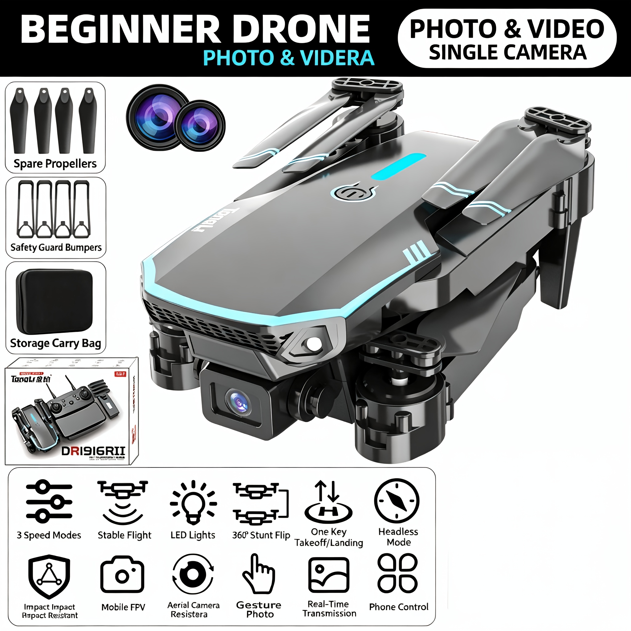TONG LI Remote Control Airplane for Adults, Portable Foldable Quadcopter Drone, No Camera/Single Camera/Dual Camera Options, Gift, HD Aerial Photography, Headless Mode, 3D Flips, Electronic Gyro Stabilization, Gesture Selfie, Waypoint Flight, One-Key
