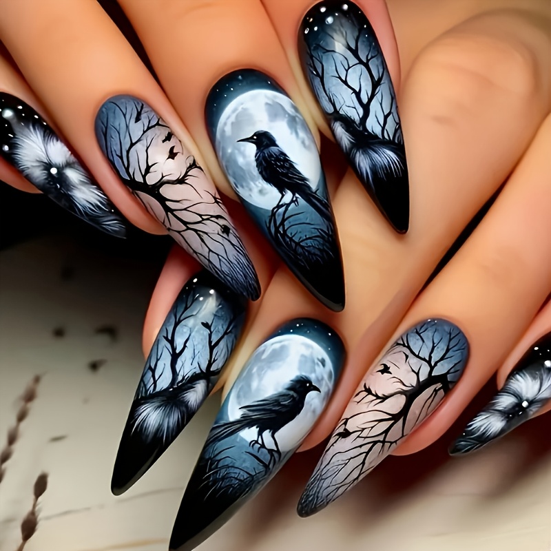 TEMU Raven Dead Tree Tragbare Nagel Lange Spitzform Farbverlauf Blutender Gothic Stil Handgefertigter Nagelpatch Halloween Nagelplatte