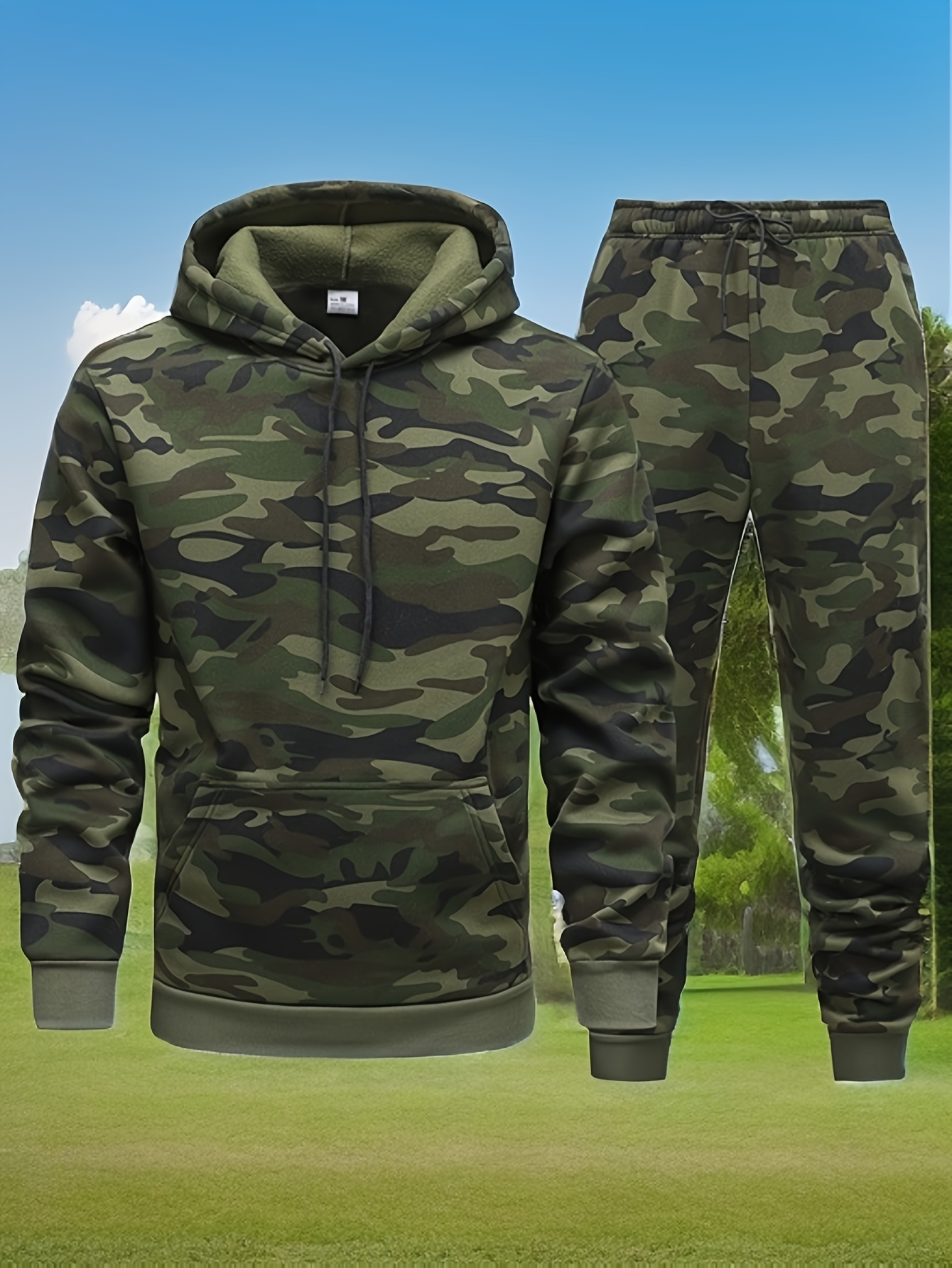 mens camouflage hoodie pants set casual long sleeve pullover with zipper pocket polyester blend regular fit for fall spring casual wear camouflage hoodie stretchy fabric