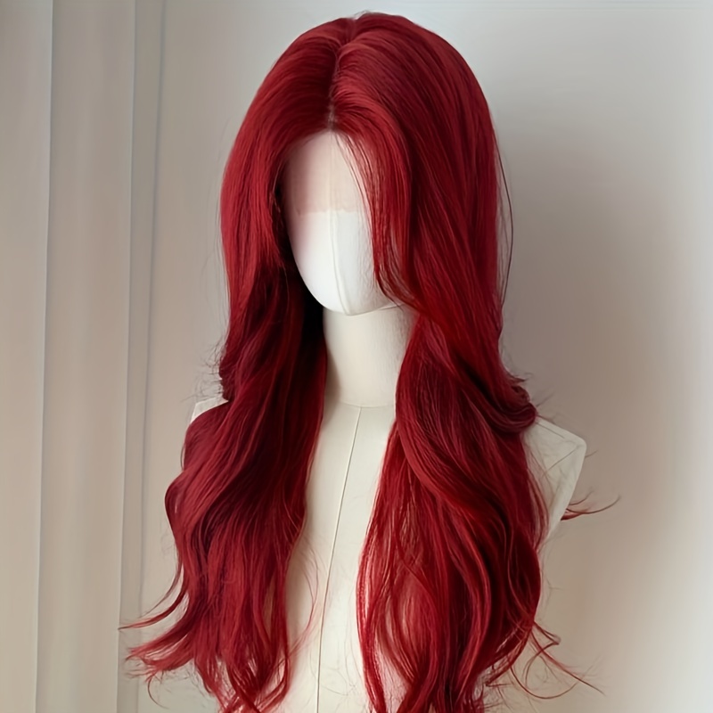 TEMU Unisex Anime Wig Button Mesh 60cm Burgundy Long Curly Hair, Suitable For , Cosplay, Christmas And Halloween, Versatile Wig