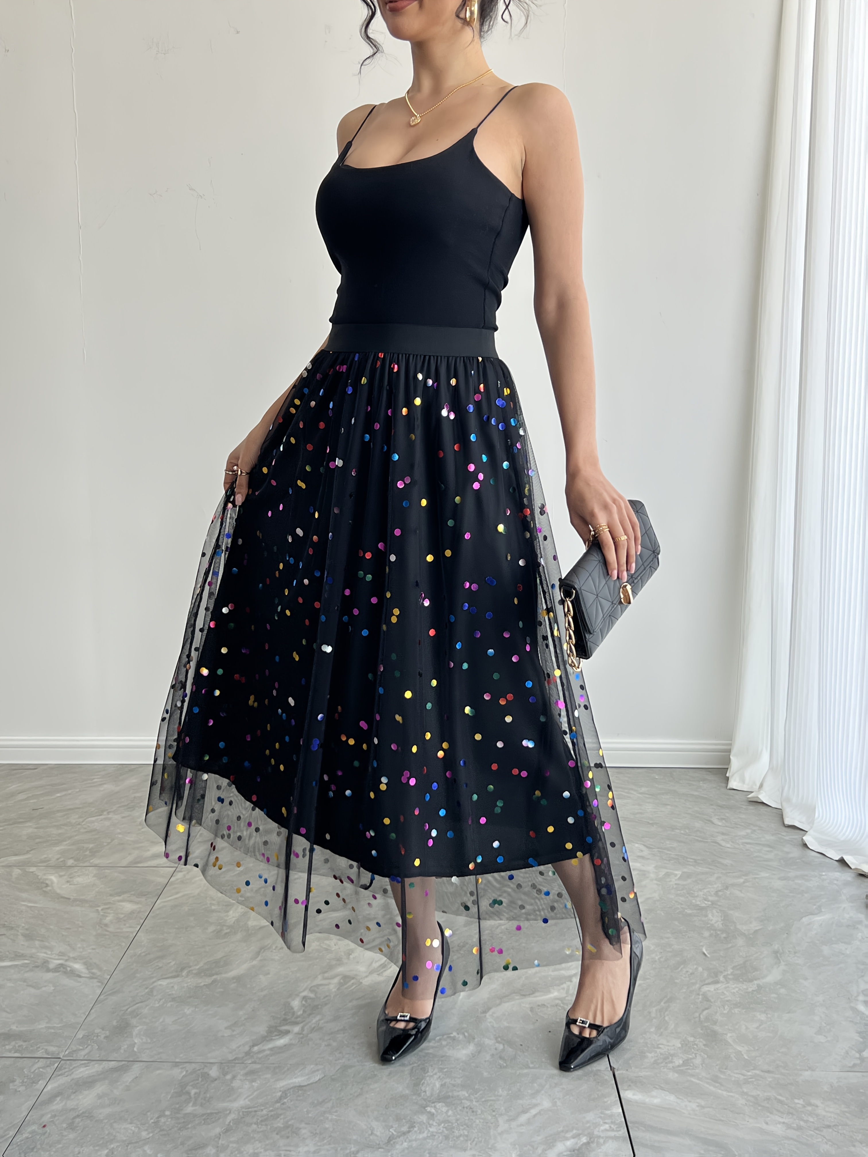 womens elegant colorful polka dot mesh midi dress - Temu