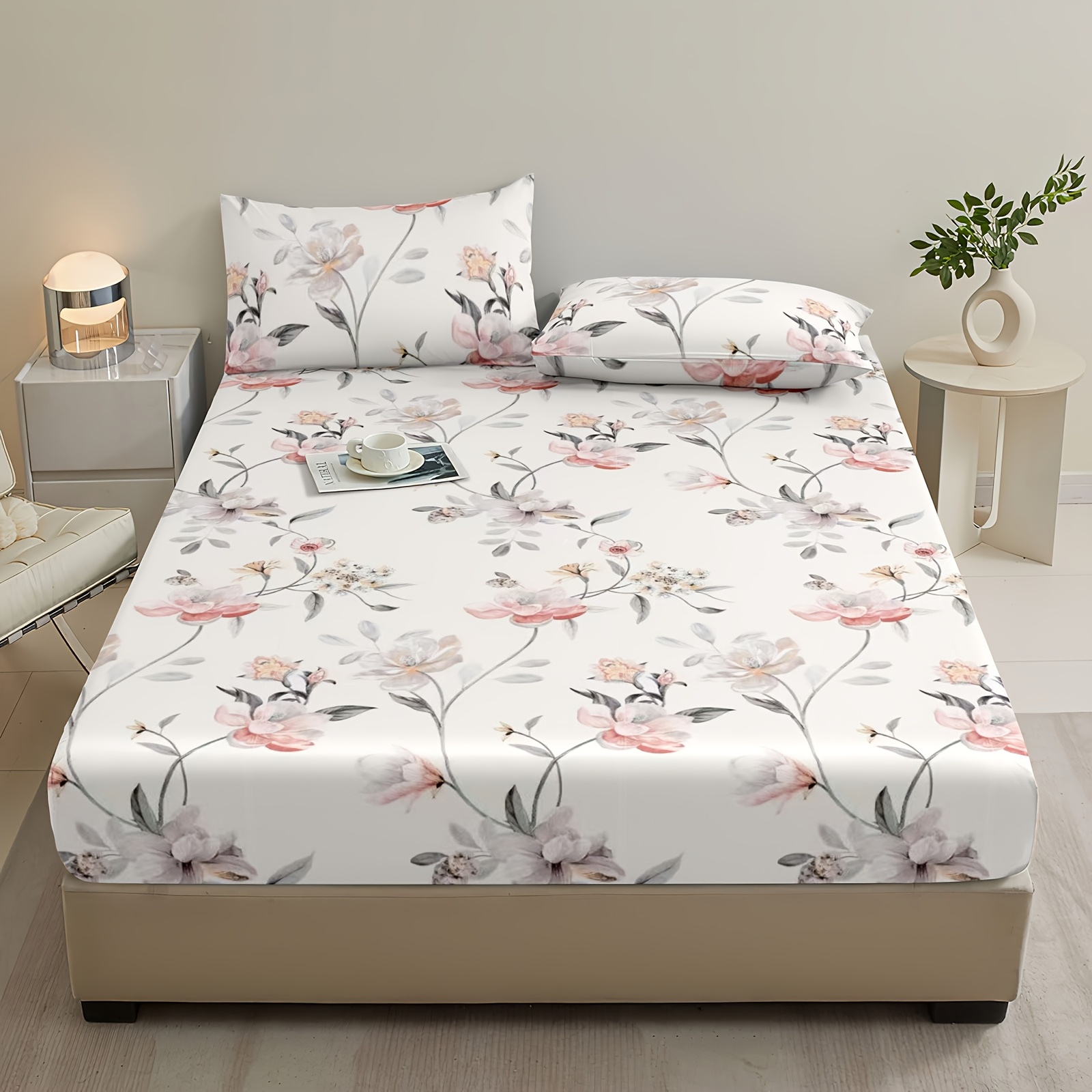 3pcs Fitted Sheet Set (1 Fitted Sheet + 2 Pillowcases, No Core), Lotus Plant Print Bedding, Soft And Comfortable Fitted Sheet, Suitable For Bedroom And