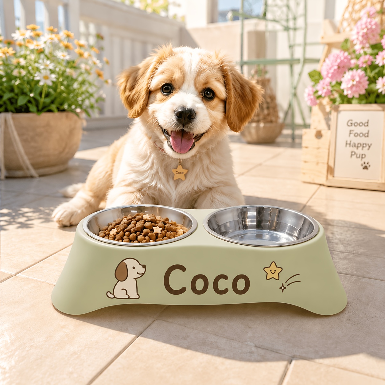 TEMU 1pc Personalized Dual Bowl Food And Water Bowl - Custom Name/text Suitable For Cats & Small Dogs, Anti-tip Base &, Pp/stainless Pet Feeder With