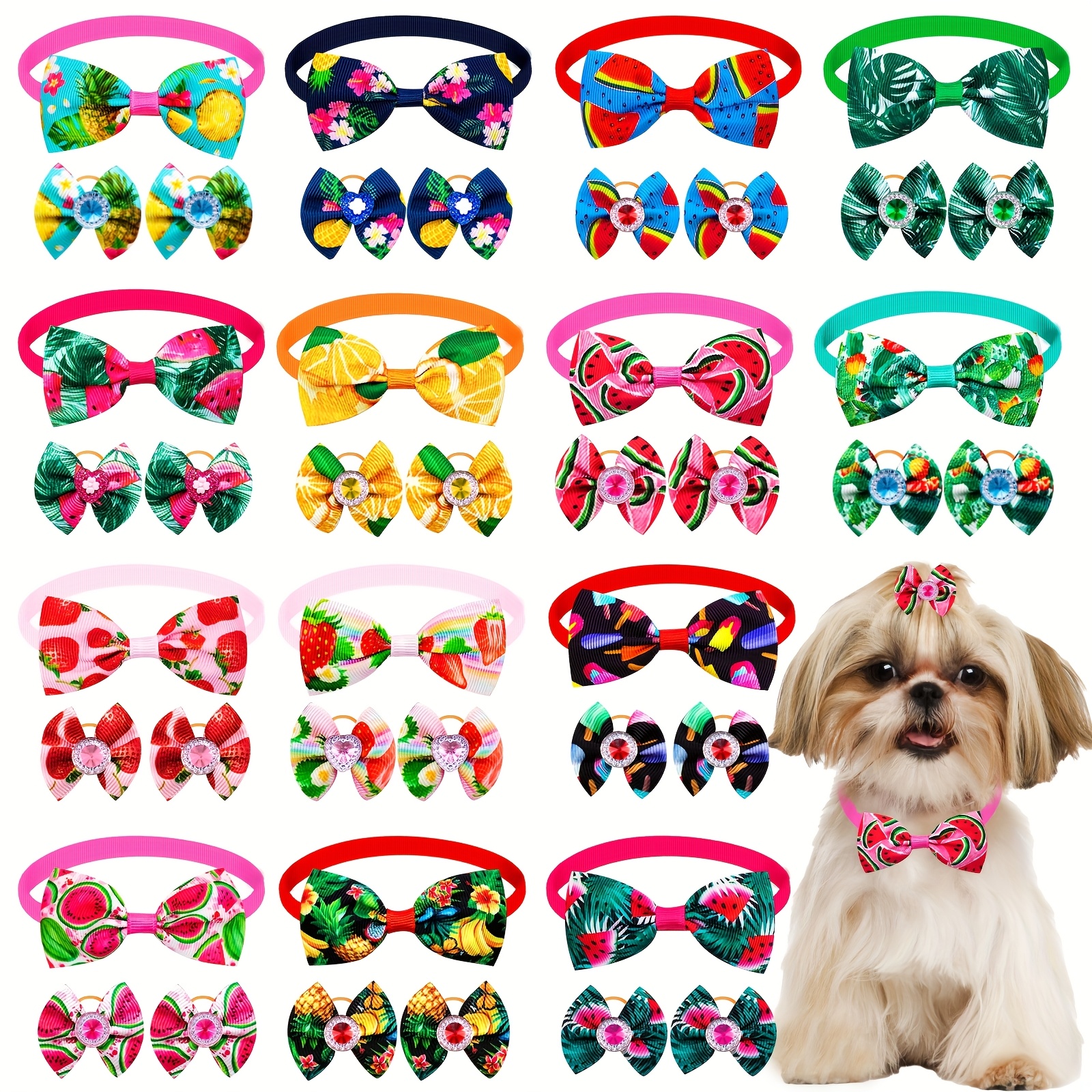 TEMU 70pcs Bows Set For Small Medium Dogs, Bulk Adjustable 20pcs Hawaii Fruit Floral Pattern Dog Bow Ties And 50pcs Dog Bows For Dog Neck Grooming