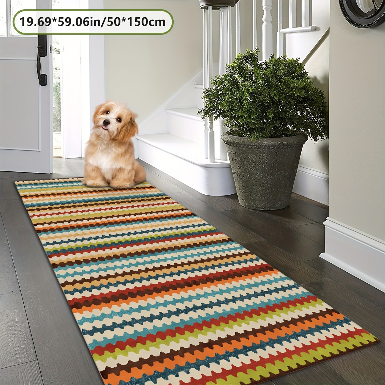 TEMU Modern Colorful Stripe Wave Pattern Carpet | Rectangular, Non-slip, Machine Washable, Polyester, Suitable For Living Room, Hallway, Kitchen,