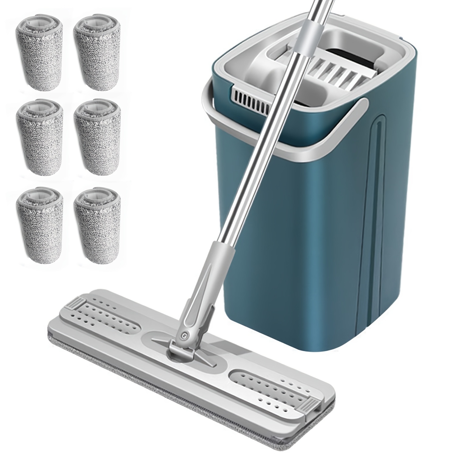 2-in-1 Free-hand Wiper Mop Set With Bucket And 6 Washable Pads, 360° Rotatable Floor Wiper For Cleaning, Compatible With Wood, Tiles & Vinyl
