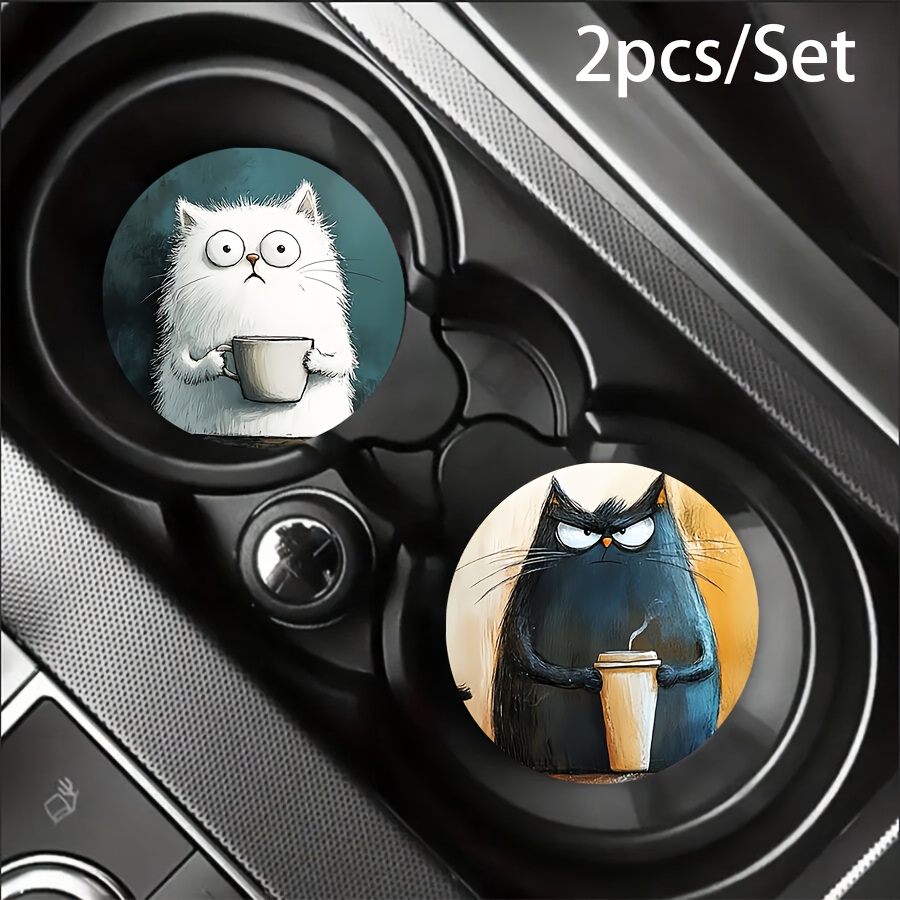 TEMU 2pcs/set Solid Cute Cat Print Wooden Coasters - Car Cup Holder Pads - Anti-slip - Dust-proof - Universal Car Interior Accessory - Car Interior