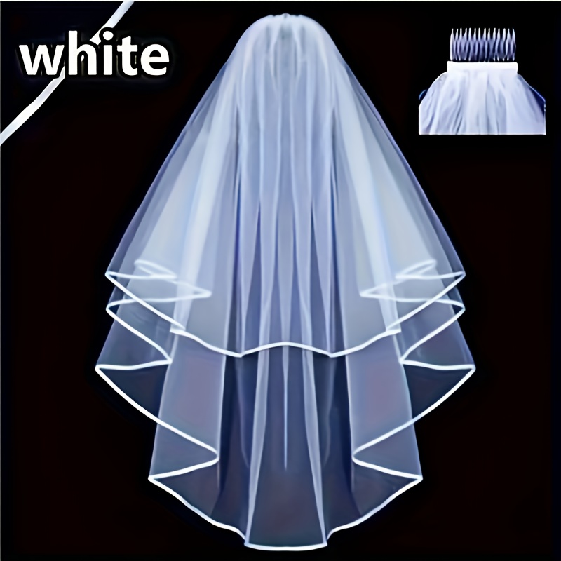 Image of Fashionable Double-layer Bridal Veil With Ribbon And Hair Comb - Wedding Accessory, Translucent White Tulle Fabric, Hand Wash Only, Suitable For Brides And Formal Occasions