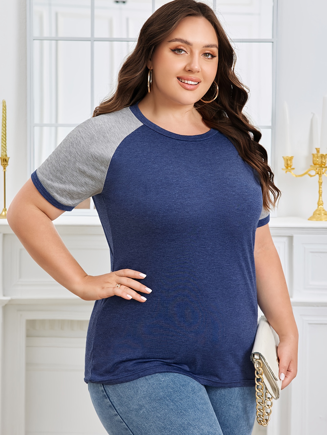 Plus Size Women's Summer Casual Raglan Color Block T-Shirt - Teal & Heather Grey Short Sleeve Loose Fit Tee, Breathable Round Neck Top for Casual Attire, Ladies T Shirts, Smooth Texture Shirt, Soft Fabric Tee