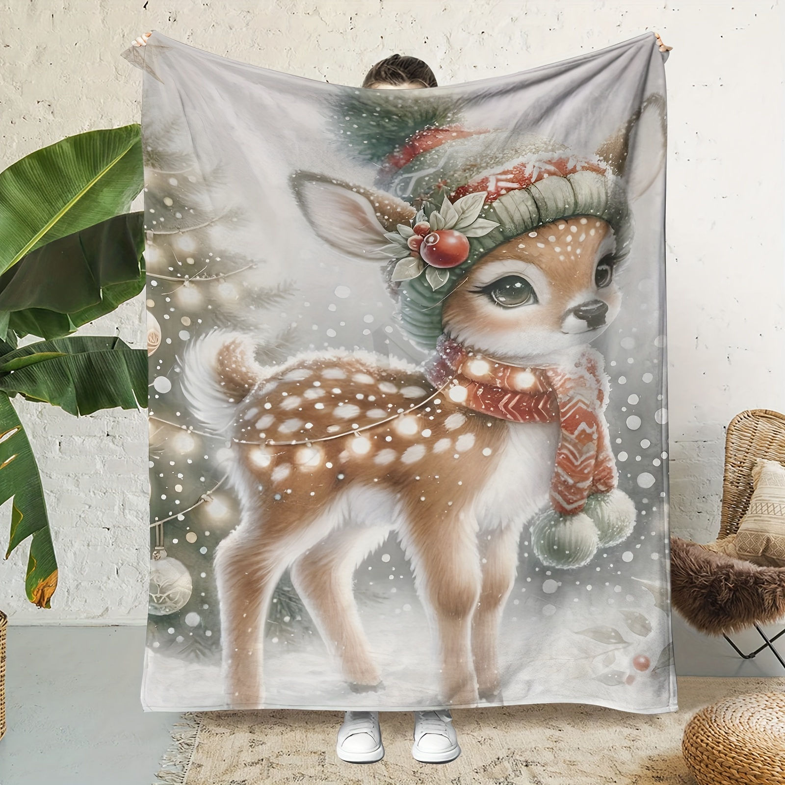 

1pc Bohemian Style Flannel Blanket With Christmas Elk Print - All-season Versatile Quilted Throw, Digital Hd Animal Pattern For Sofa And Bedroom, Super Soft Multipurpose Wrap, 100% Polyester