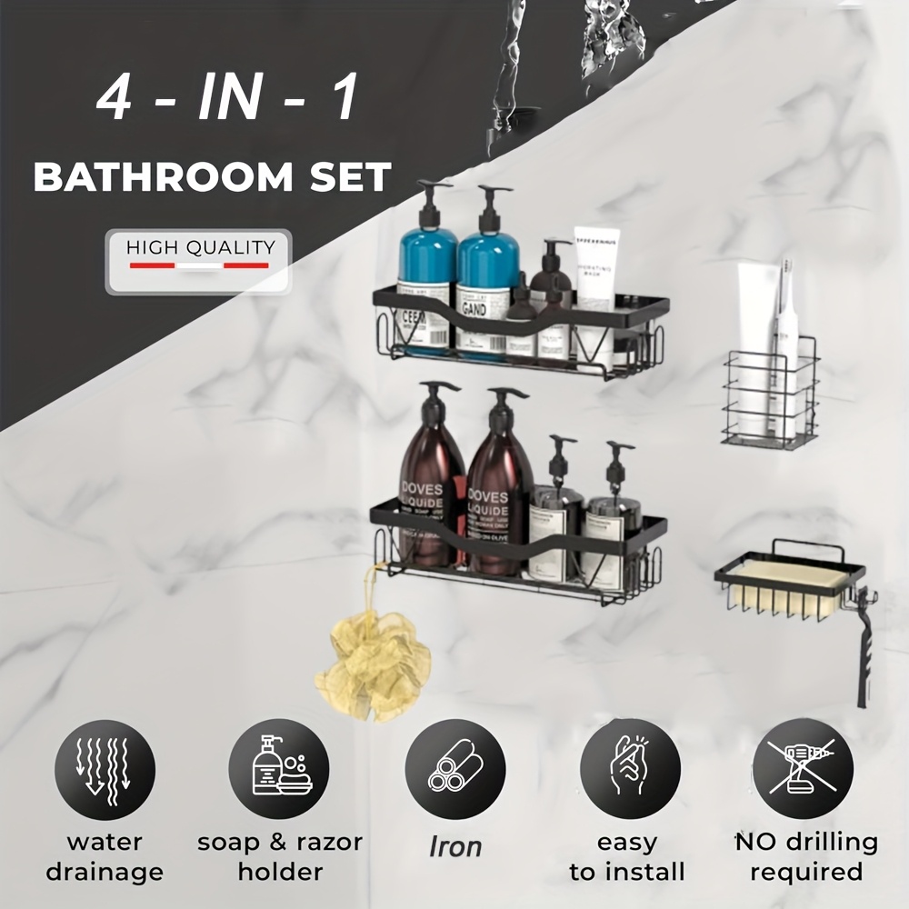 

4pcs Rustproof Black Shower Caddy Set - No Drill, Adhesive Bathroom Shelves For Shampoo & Gel Storage, Portable Organizer