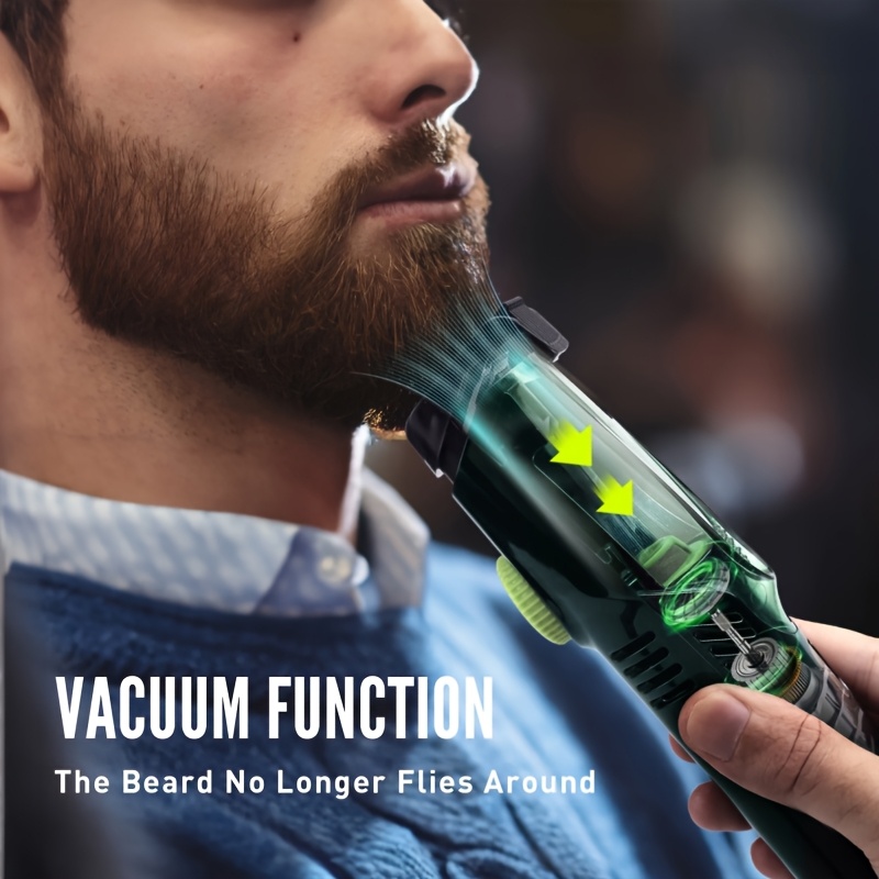 usb rechargeable mens vacuum beard trimmer with led display green black adjustable length comb 1 20mm 800mah lithium battery cleaning reminder travel lock ideal christmas gift details 5