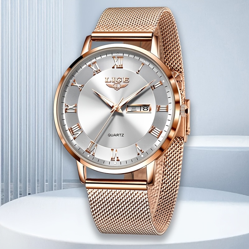 Image of Lige Women Fashion Stylish Luxury Quartz Watch Calendar Week Time Display Exquisite Clasp Simple Dial High-
