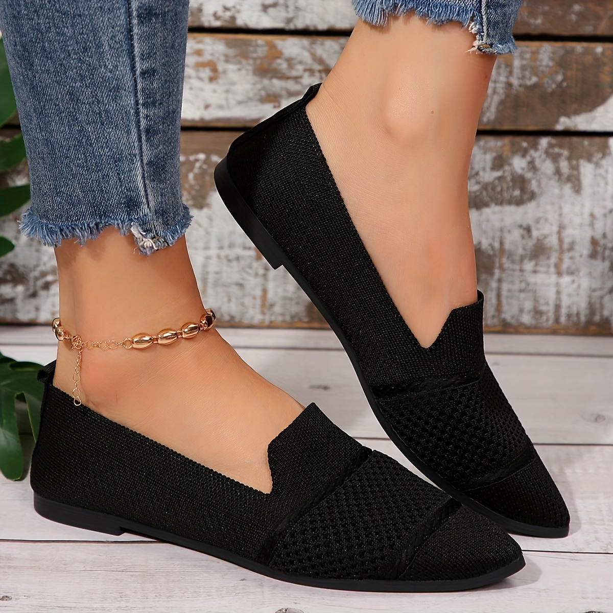 Elegant Ballet Flat Shoes For Women, Slip-On Breathable Soft Sole Daily Knitted Ballets, Point Toe Daily Wear