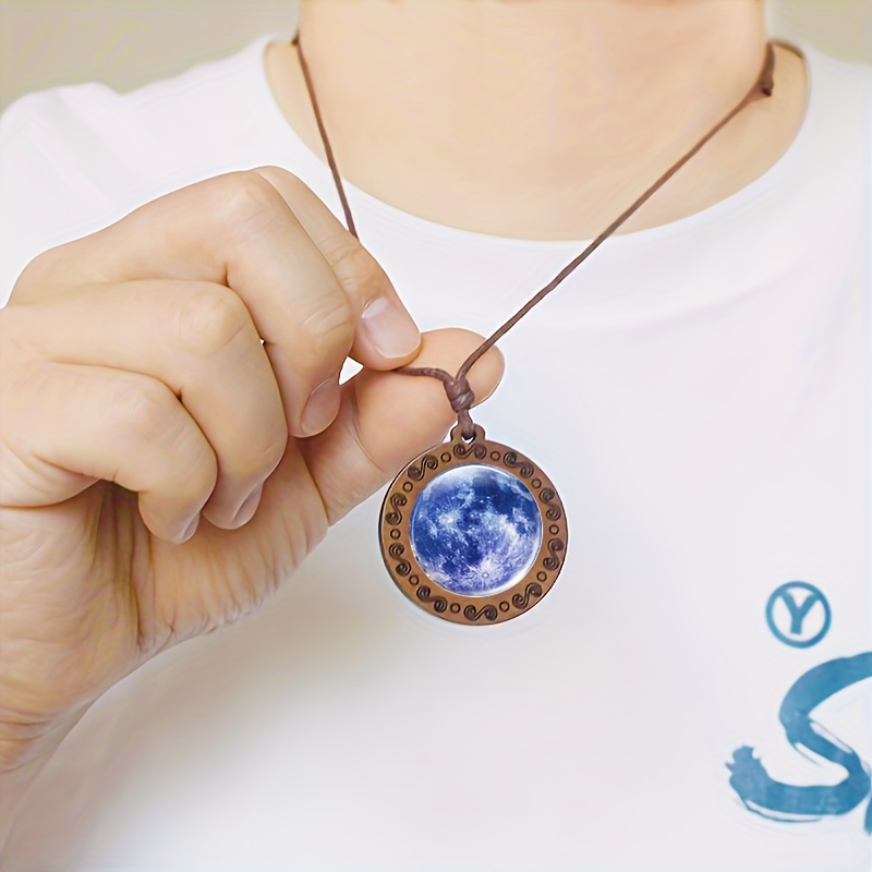 Handcrafted Blue Moon Surface Wooden Pendant Necklace