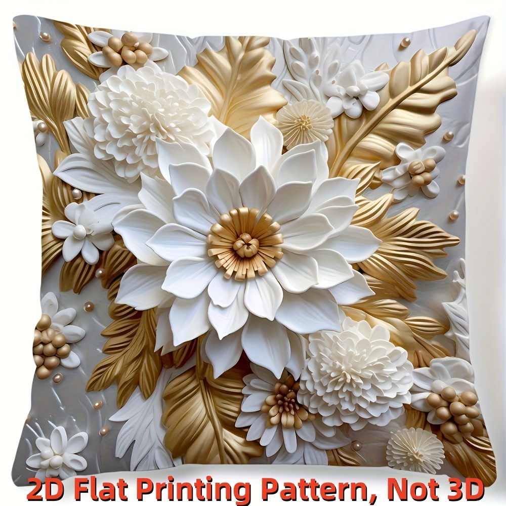 TEMU 2d Flat, 1pc, Contemporary Style Floral Printed Pillow Cover - Flat Pattern, Short Plush, Zip Closure, Hand Wash Only - For Sofa, Living Room,