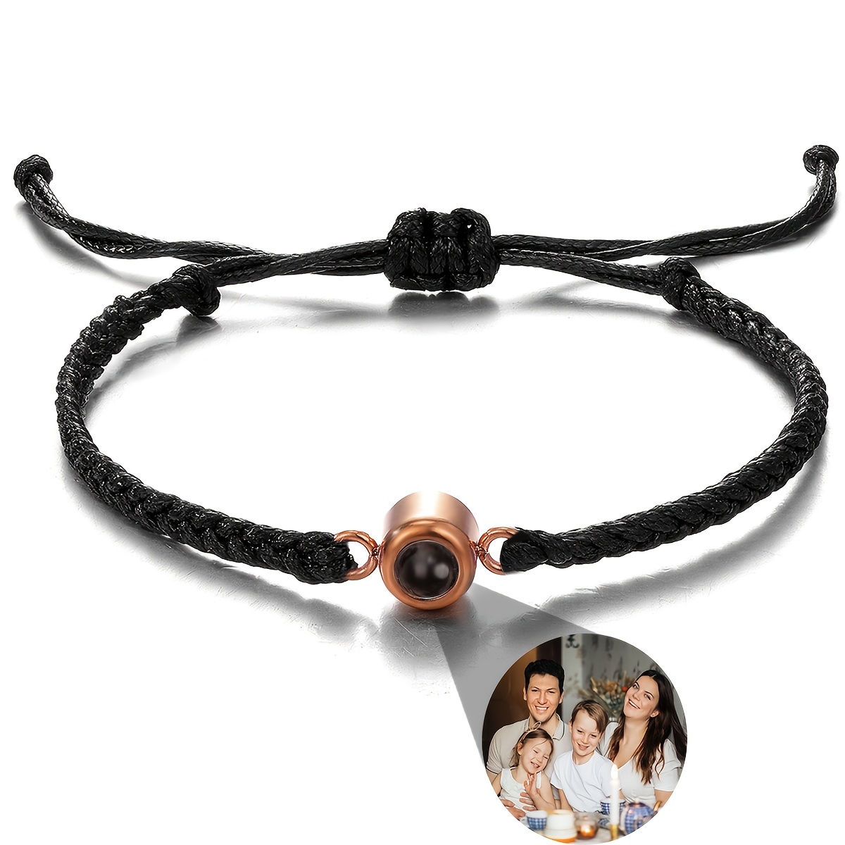 TEMU Custom Photo Projection Bracelet, Black Braided Projection Bracelet, Stainless Steel Round Photo Projection Bangle, Adjustable Custom Couple