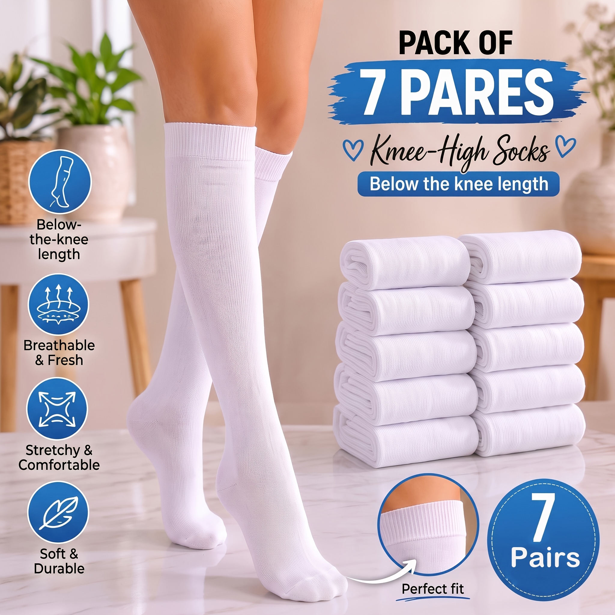 TEMU 7-pair Women's Knee-high Socks, High-stretch Breathable Long Stockings, Everyday Socks , For Preppy Style And Daily Wear