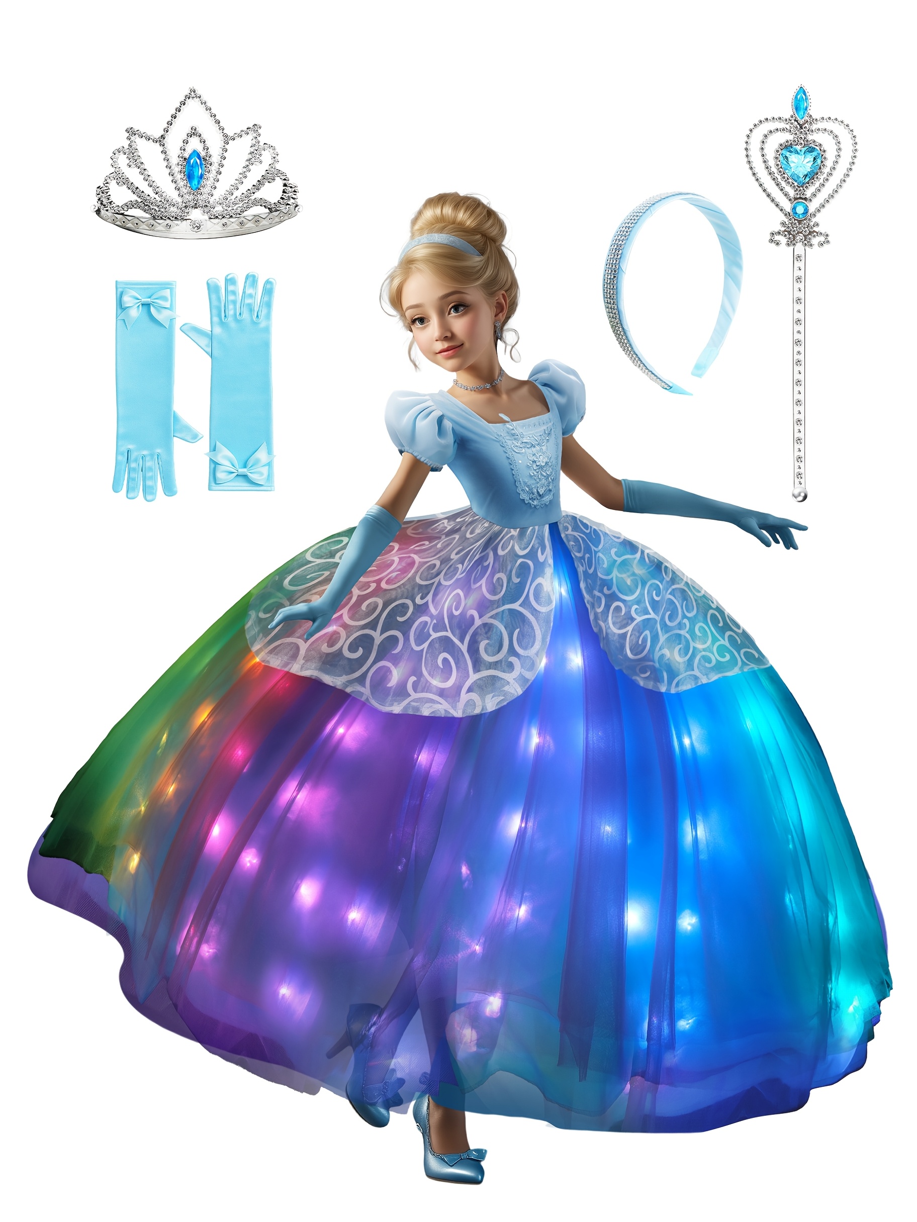  Girls LED Princess Party Dress with   -   Glowing Birthday, Halloween, Christmas, Graduation Outfit - Non-Stretchy Formal gown for Photo Shoots, Balls - Batteries Not Included -   Princess-Themed Events, Princess Dress, Photo Shoot Clothing, Decorative Floral Accents, Shimmering Fabric, Event Outfit, Elegant Gown,   Material, Glowing Outfit, Event Attendees