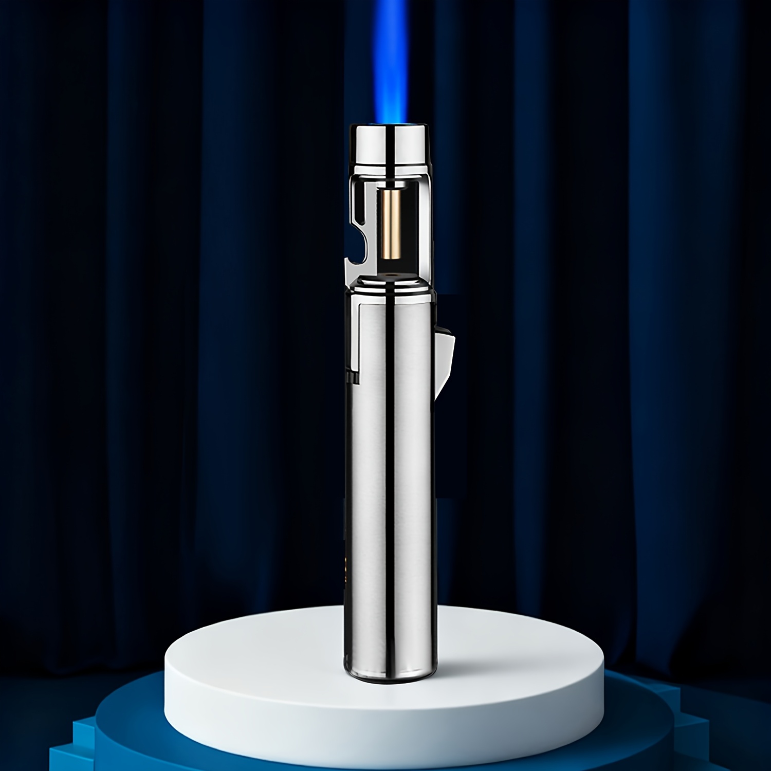 TEMU Classic Large Handheld Metal Lighter, Polished And Windproof, Featuring A Refillable Butane Flame And A Bottle Opener Function. Made From Alloy,