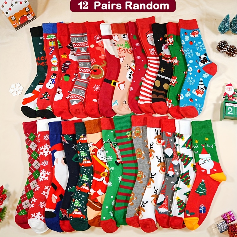 

12pcs Women's Christmas Socks - Festive Reindeer, Santa, Snowflake & | Cozy Polyester | Machine Washable, Christmas Socks, Cartoon, Reindeer, Santa Claus, Snowman