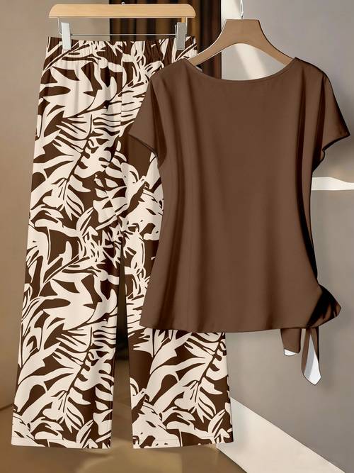elegant womens outfit featuring a stylish printed side knot top with long pants parties this summer fashion ensemble two piece sets suitable for office wear business casual attire festive celebrations