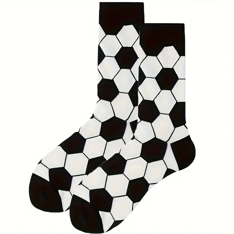 

1 Pair Knee-length Couple's Athletic Socks, Cartoon Soccer Ball Pattern, Polyester Knit Fabric, Unisex Sports Socks For Men And Women