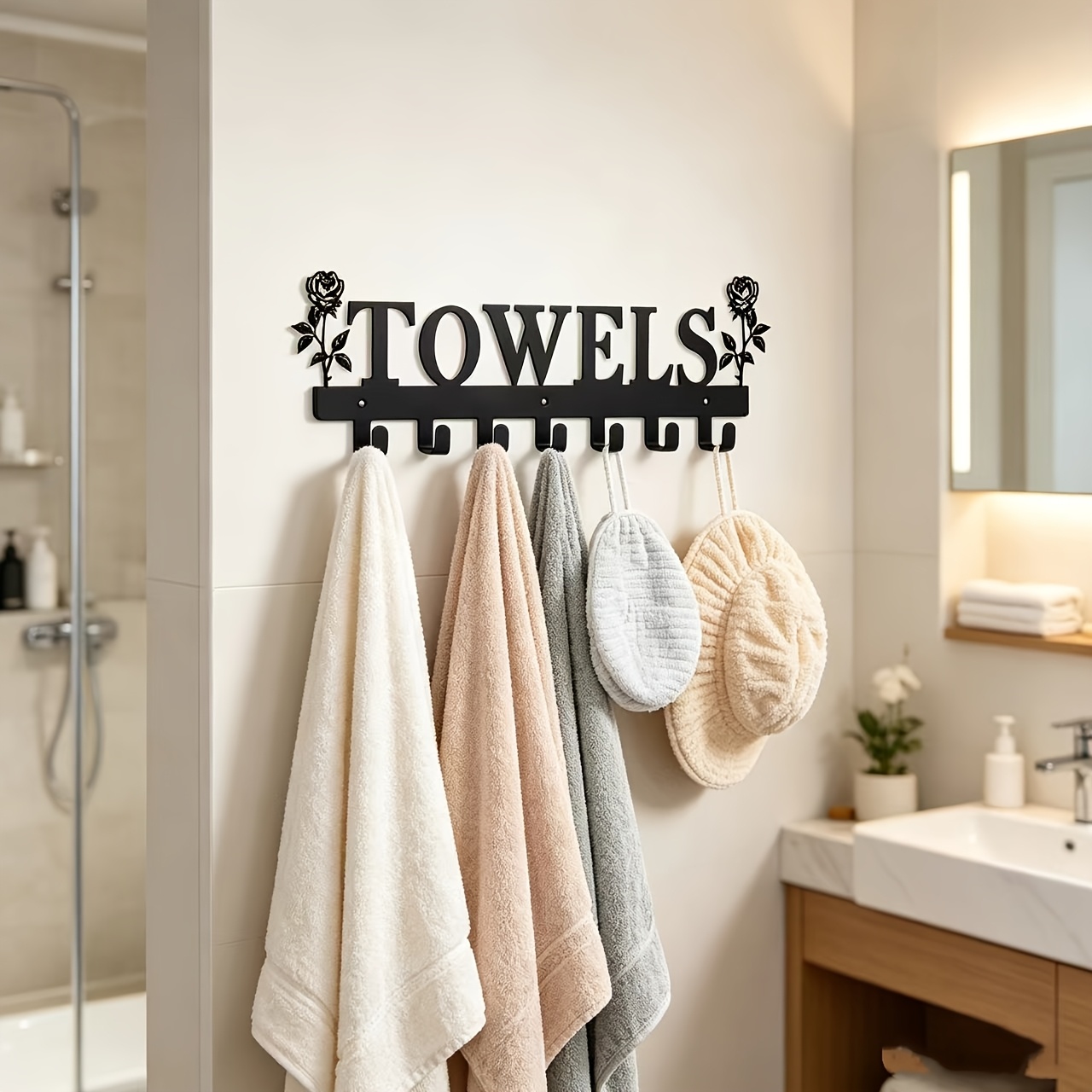 TEMU Rose-themed Letter Design Bathroom Towel Hook, A Wall-mounted Organizer For Bath Towels And Shower Caps. Featuring Multiple Hooks And Large