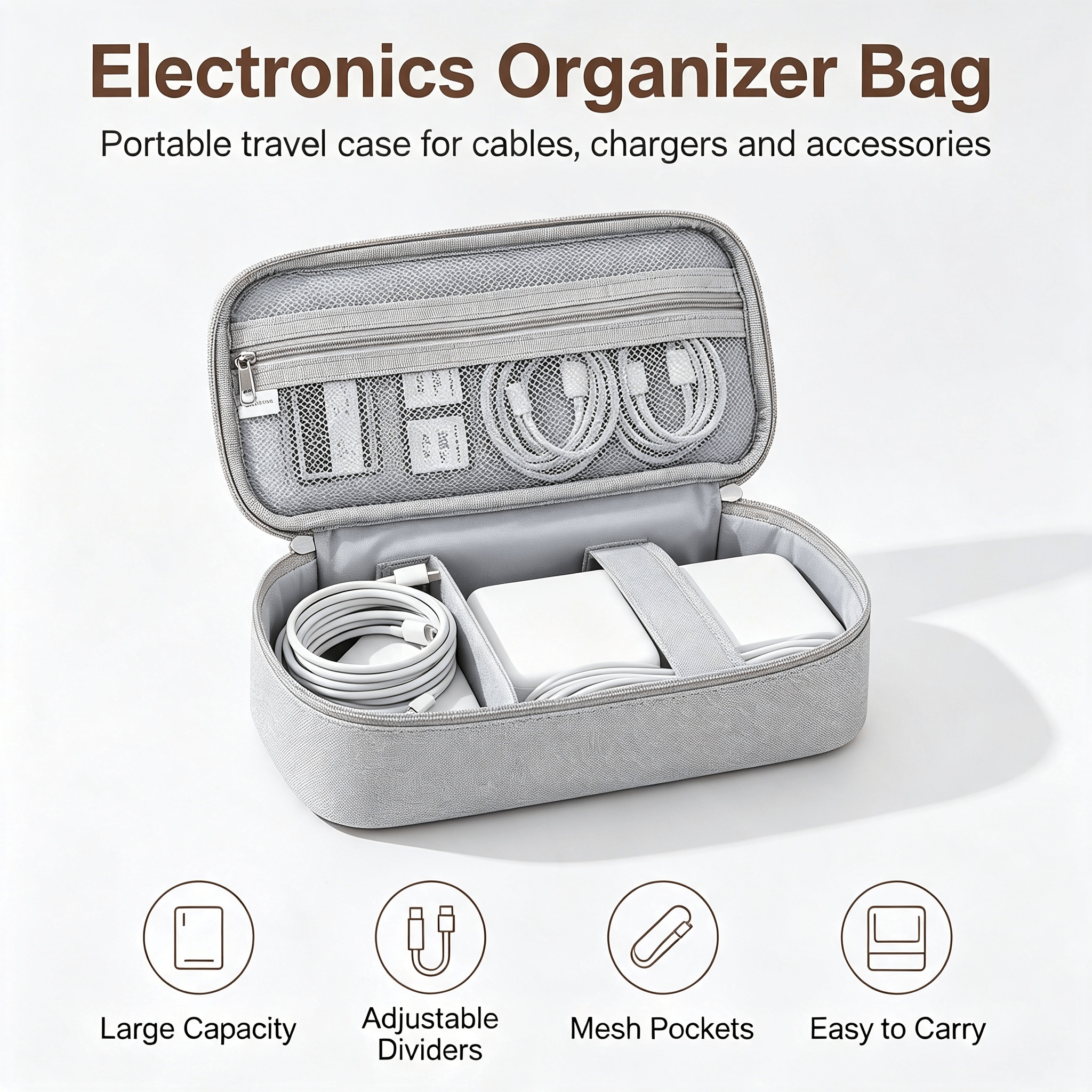 TEMU Light Gray Zipper Pocket Organizer With Compartments For , Power Banks, Hard Drives, And Cables - Portable Hand Luggage