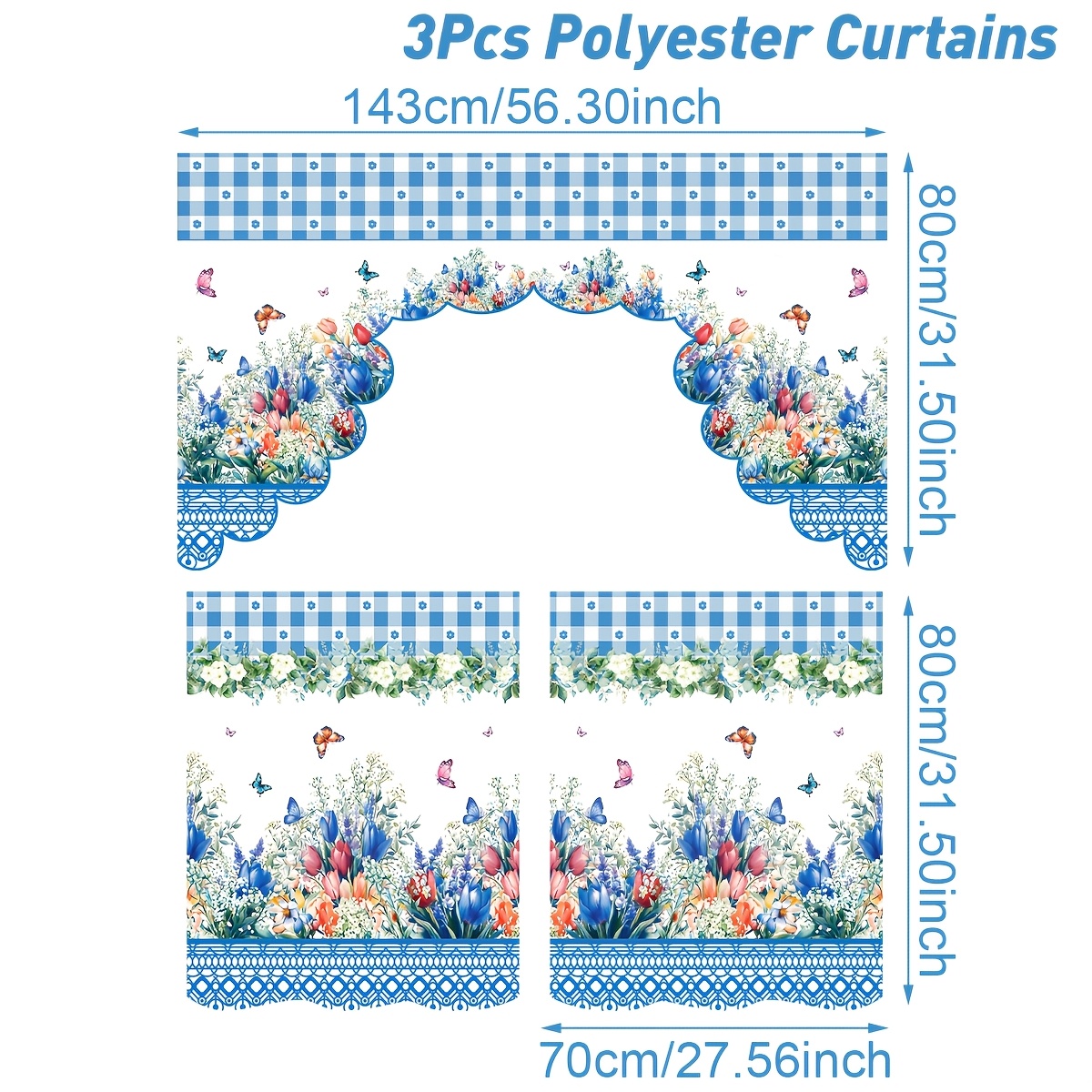 Image of 3pcs, Blue Curtains, Blue Tulips Pattern Window Treatments, Spring Party Hanging Short Curtain, For Kitchen Bedroom Living Room Decor, Ideal For Easter Spring Mother's Day Holiday Supplies