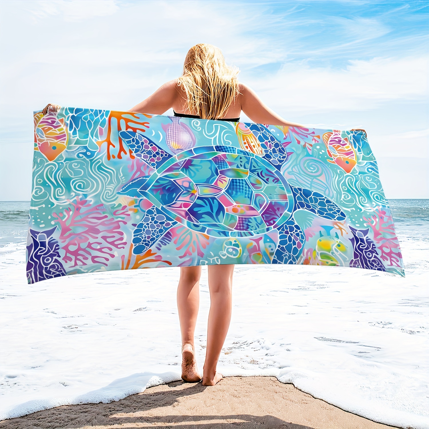 

1pc Bohemian Ocean Microfiber Extra Large Beach Towel, Turtle Fish Coral Beach Towel, Lightweight Sandproof Quick-drying Thin Washable Absorbent Bath Towel