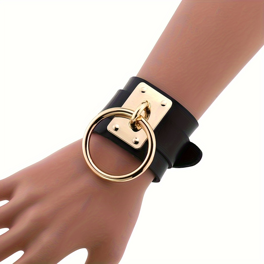 

Gothic Pu Leather Bracelet - Punk Style Wristband With Golden-tone Clasp & Ring, Black Retro Design For Casual Attire Or Nightclub Accessory