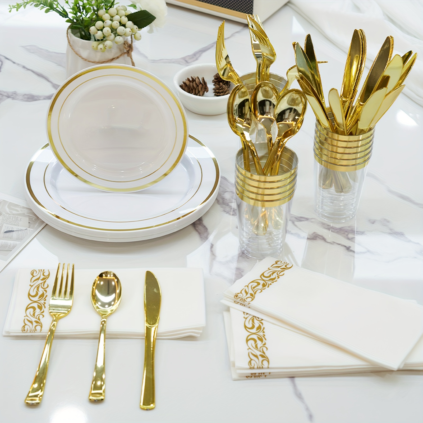 

50-person Disposable Dinnerware Set: Golden-rimmed White Porcelain Plates + Silvery Forks, Knives, & Spoons + Elegant Cups, Of Sizes, Premium For Effortless Large !, Kerilyn