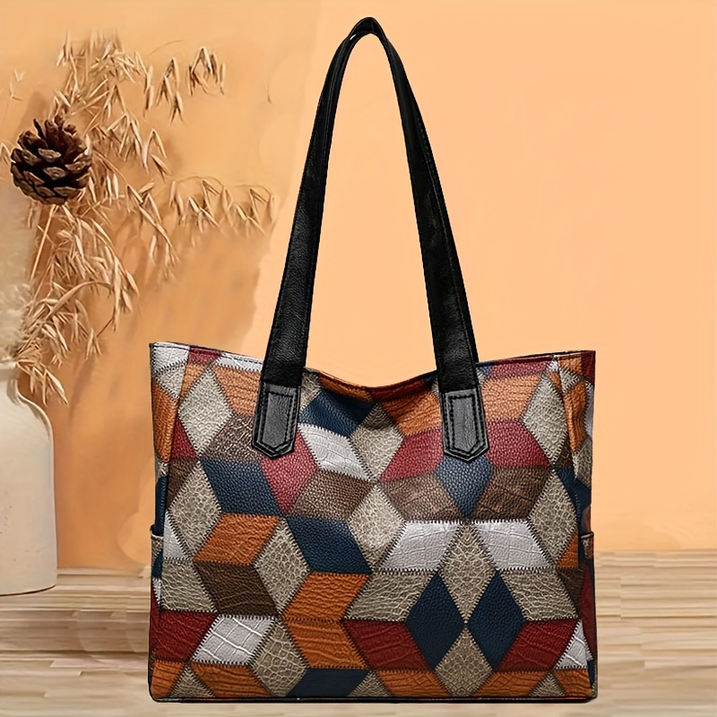 

Women' Retro Color- 3d Pattern Single-shoulder Bag, Pu Material, With A Bohemian Checkered Design, Featuring A Unique Large-capacity For Daily And Commuting, Travel Backpack, Coin Purse.