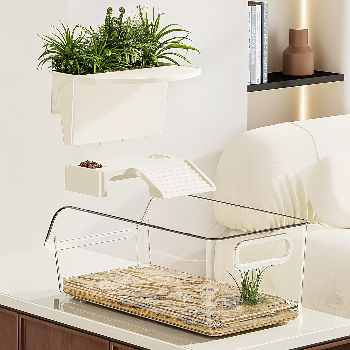 TEMU Terrarium 2-en-1 pour Tortue avec Plateforme de Reptation et Système de Filtre - Compact Adapté aux de Reptiles Domestiques, Aquarium Terrarium