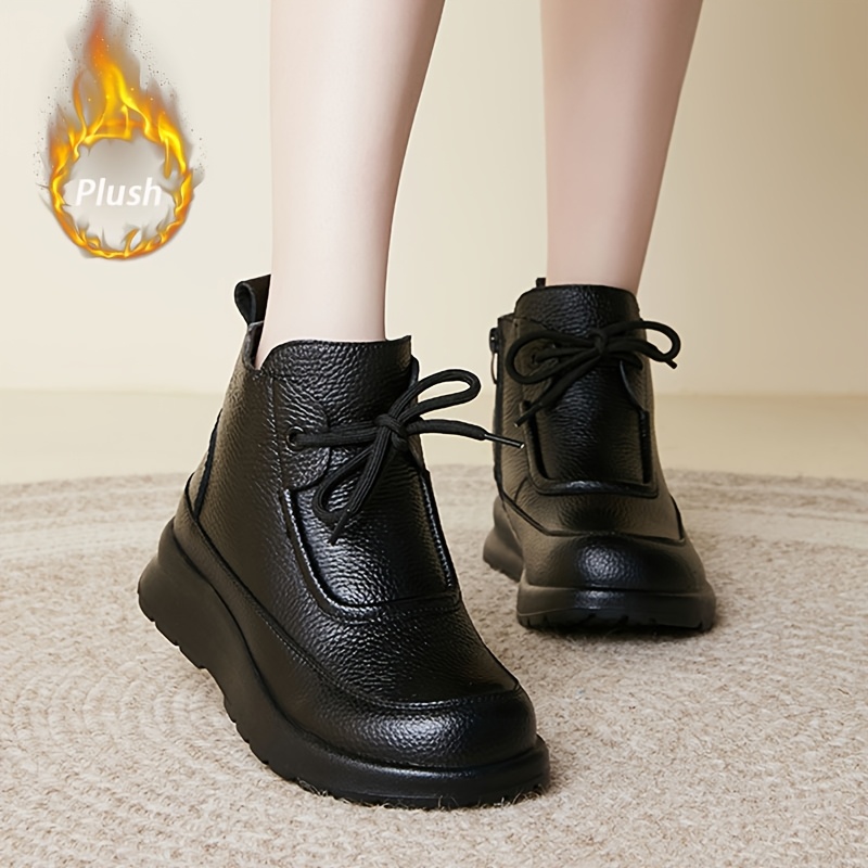 Women's Winter -Lined Genuine Leather Boots - Vintage Versatile High-Top  Casual Work Soft-Sole Wear-Resistant Outdoor Anti-Slip Snow Boots with Side  Zipper Closure