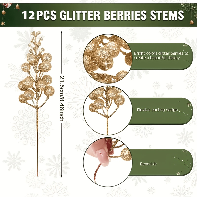 TEMU 12pcs Realistic Berry Shiny Branches - Christmas Tree And Wreath Decor, Reusable Plastic Berries With Stems, Holiday Decoration, , Handcrafted