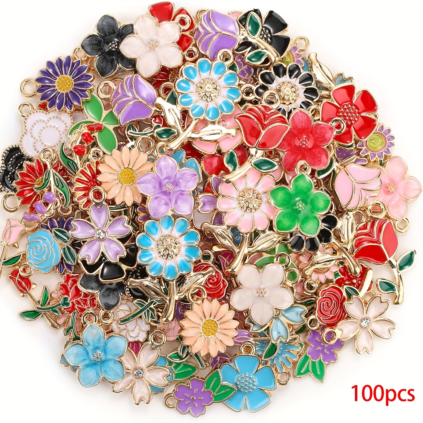 Image of 30pcs/50pcs/100pcsspring Flower Charms For Jewelry Making And Bracelets, Assorted Enamel Mixed Bulk Metal Charms For Necklace Bracelet Earring Jewelry Making And Crafting(random Mixed Styles)