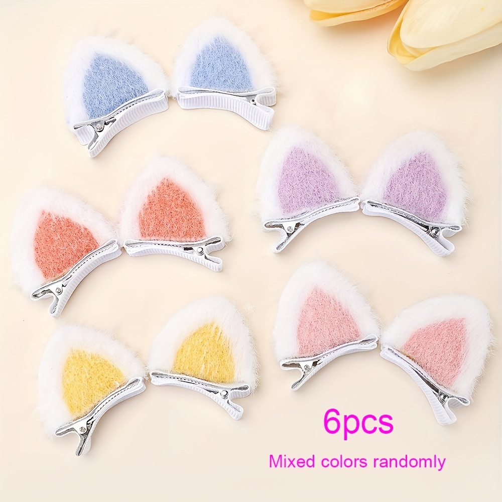 E-shop Set mit 6/8 bezaubernden Katzenohr-Plüsch-Haarspangen - Trendige Legierung und Polyester Seitenscheitel-Entenschnabel-Clips
