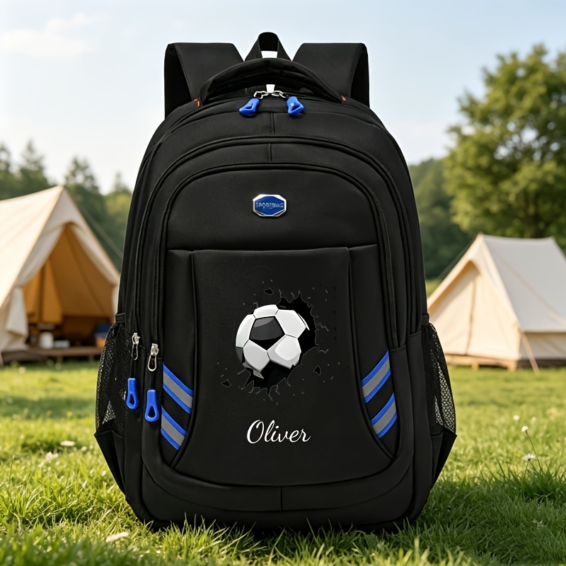 TEMU Back-to- Personalized Fashion Men's Backpack, Customizable With Names, Text, Or Numbers, Featuring A Cool Soccer Print Design, Large Capacity