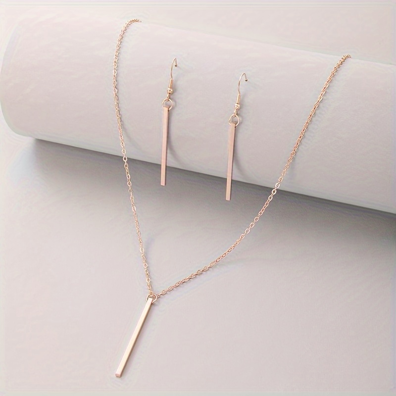 Image of 3pcs Set Fashionable Minimalist Alloy Rectangular Pendant Earrings Necklace Rose Golden Jewelry Set, Suitable For Women's Prom Parties, Gatherings, And Daily Wear