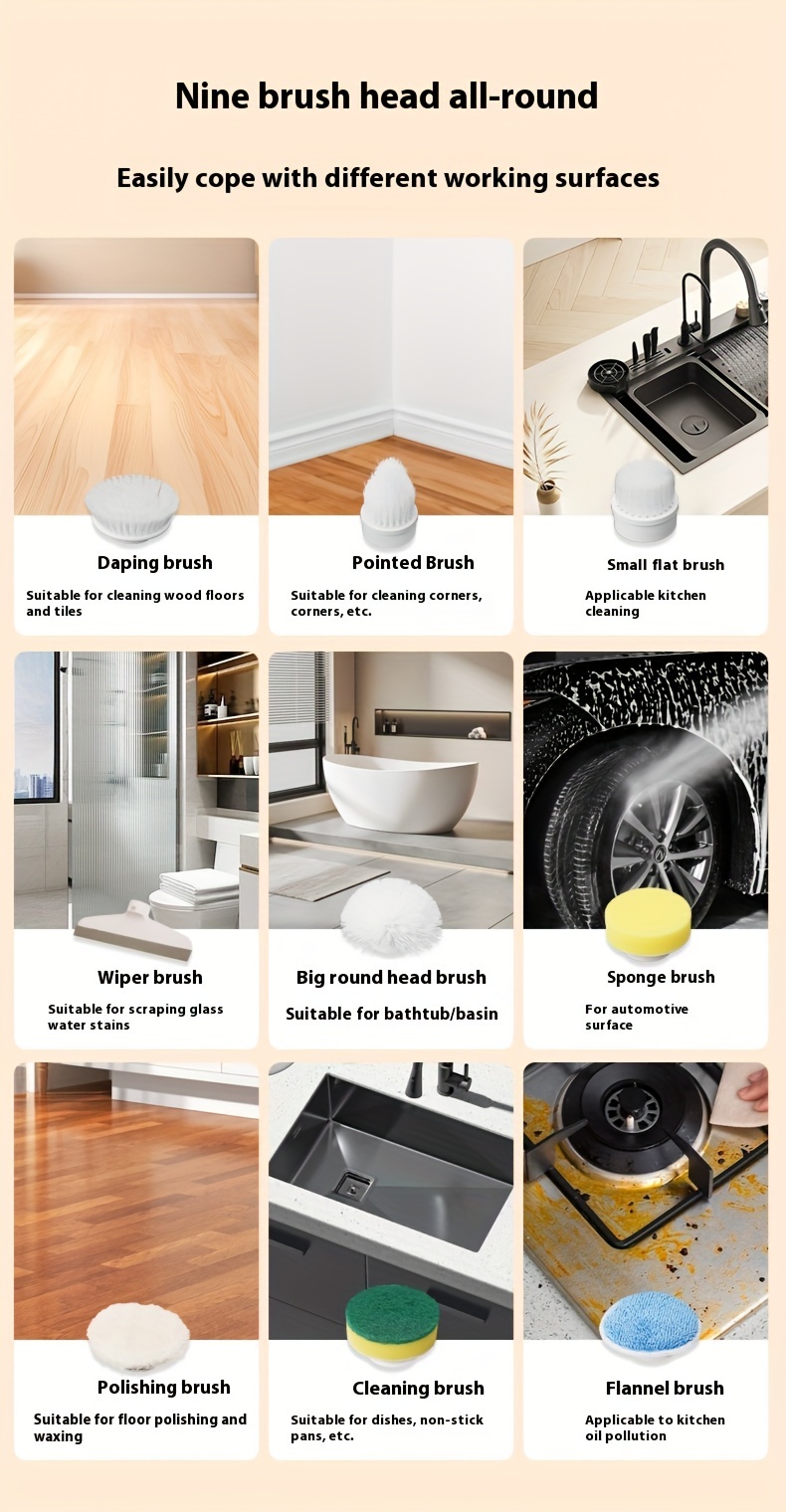 sprayable electric rotating cleaning brush electric cleaning brush wireless cleaning brush ip56 waterproof with 9 replaceable brush heads 9 in 1 with extended handle suitable for toilets bathrooms bathtubs tiles floors wooden floors cars details 8