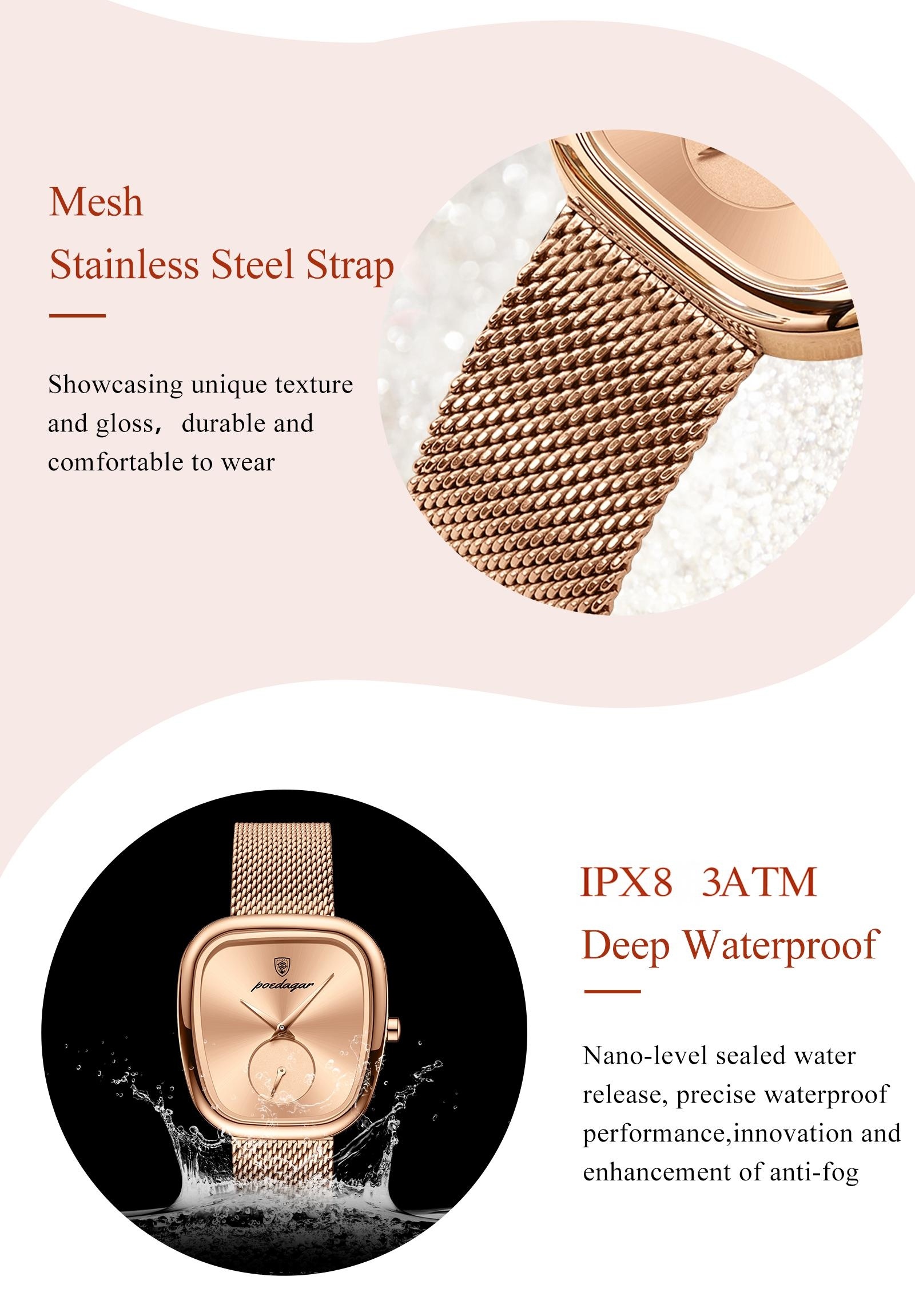 POEDAGAR Elegant Rozen Vierkant Horloge - Waterdicht Roestvrijstalen Mesh Band, Quartz Uurwerk Polshorloge met Zwarte Wijzerplaat & Rozen Wijzers, Geschikt voor Feesten, Casual & Zwemmen, 3ATM Tijdsmeter
