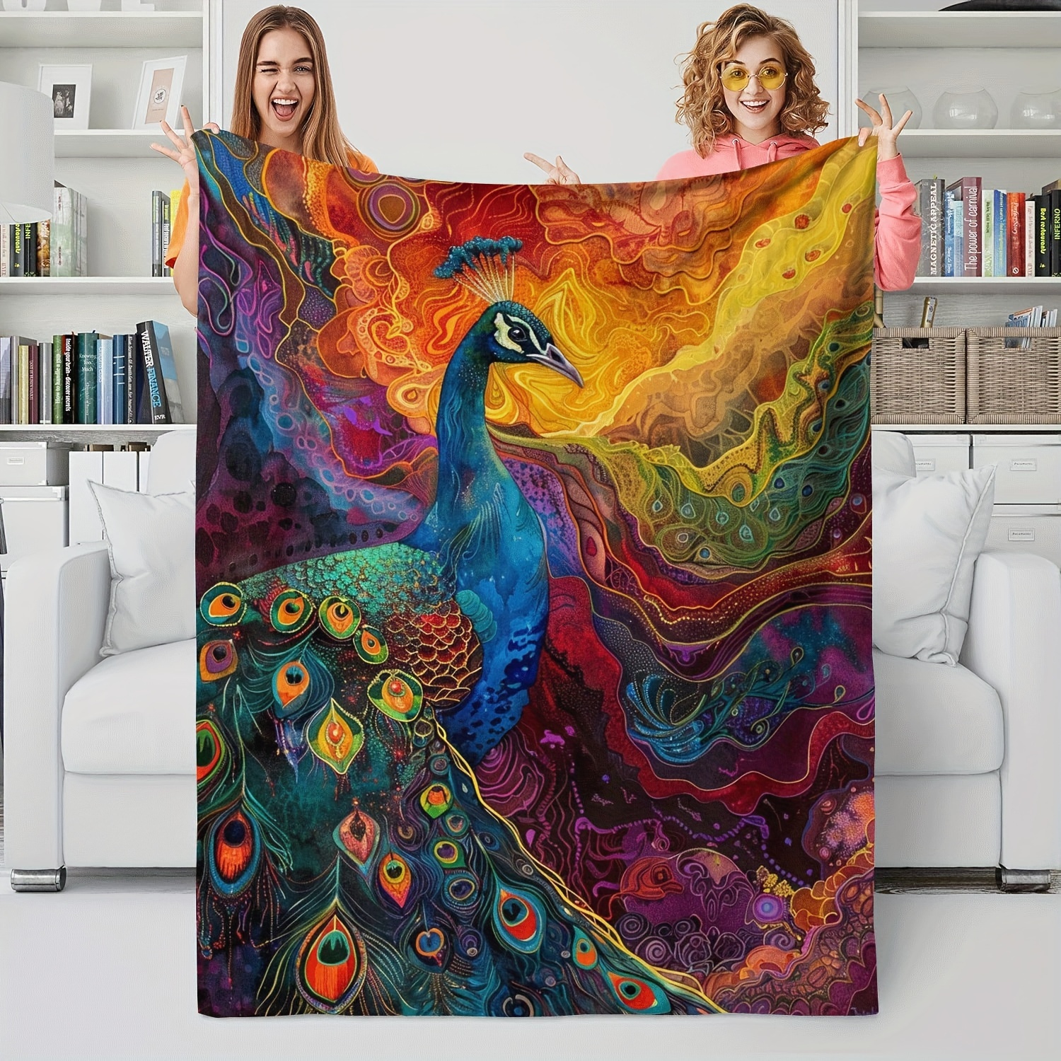 

1pc Vibrant Peacock Plush Fleece Throw Blanket, Soft Cozy Flannel Blanket For Art Lovers, Rustic Cabin Style, Gift Idea For Friends