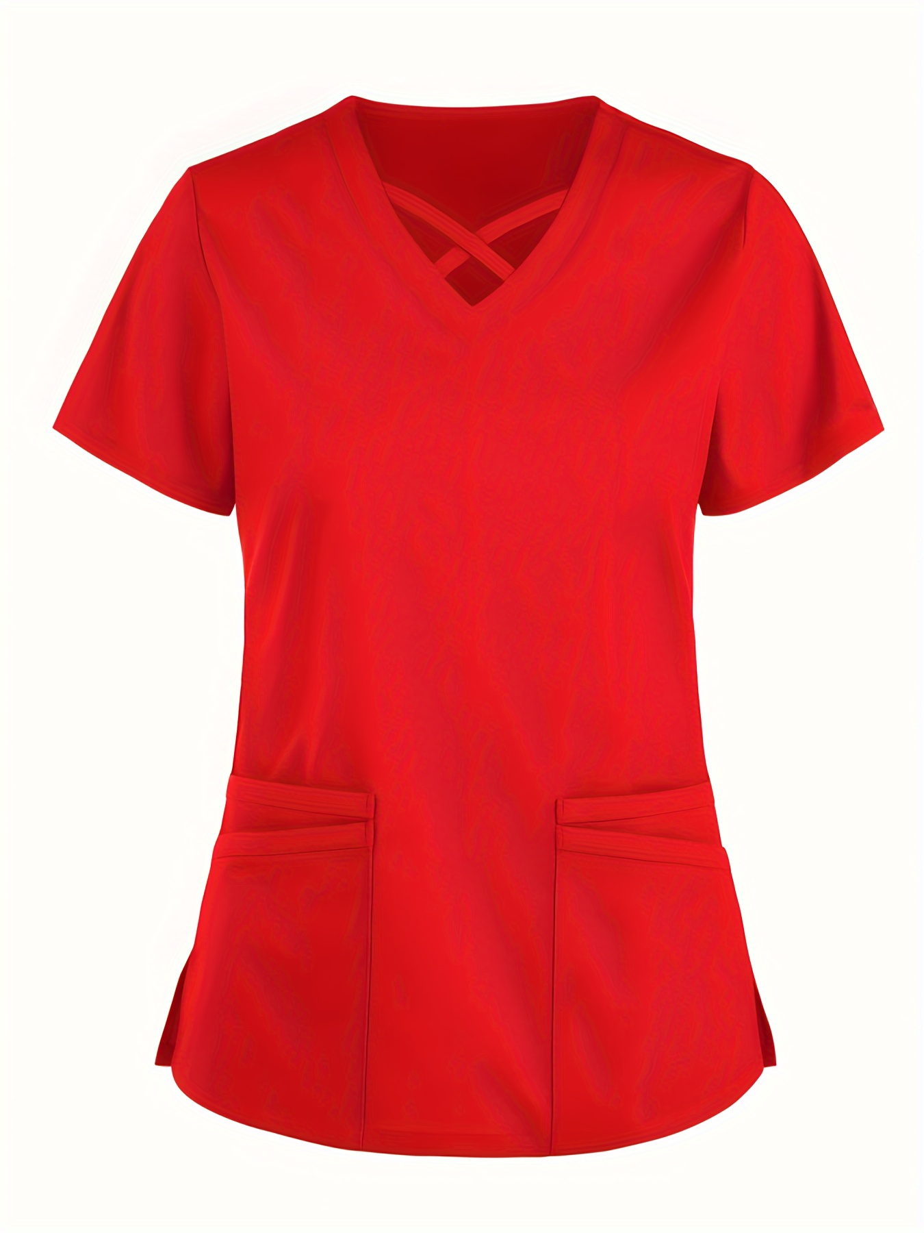 womens solid color red v neck nurse uniform top elegant short sleeve work shirt with side pockets machine washable regular fit for healthcare professionals   clothing   comfortable wear clothing