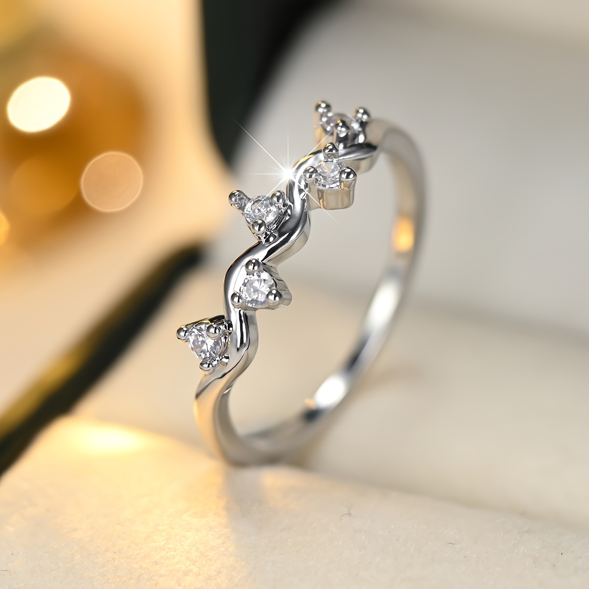 Exquisite Wave-Twisted Ladies' Ring with Inlaid Zirconia